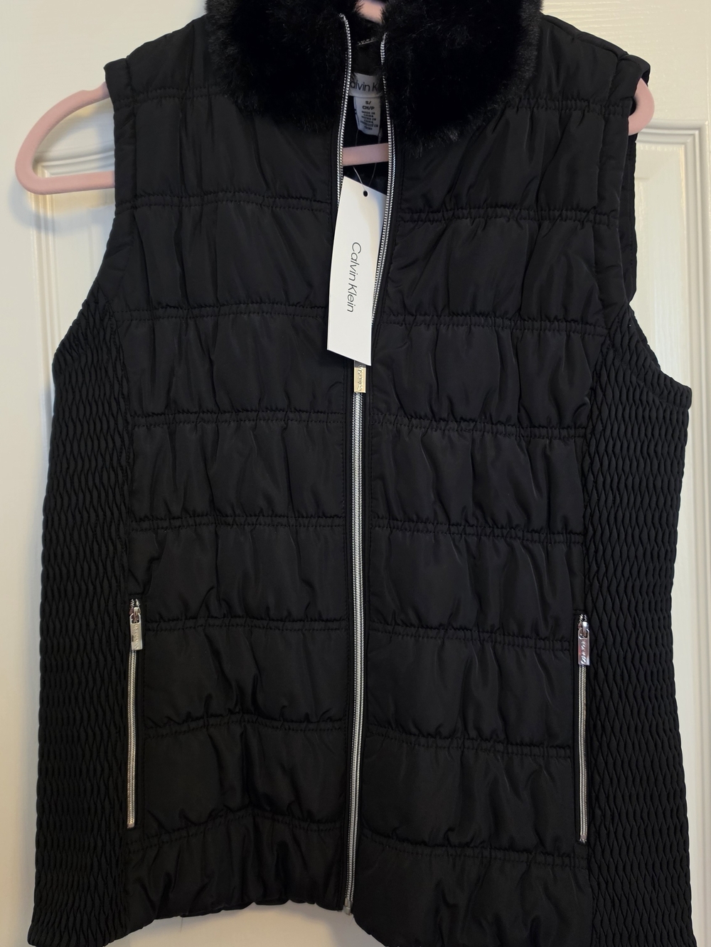 Calvin Klein Black Quilted Vest with Faux Fur Trim